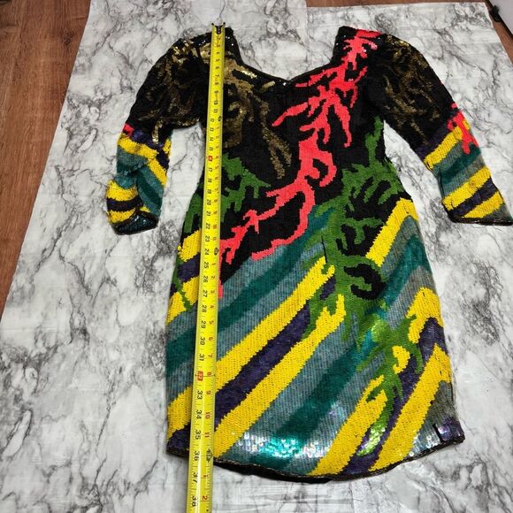Vintage 80s fully Sequin beaded dress colorful abstract art to wear fits small - Picture 8 of 8